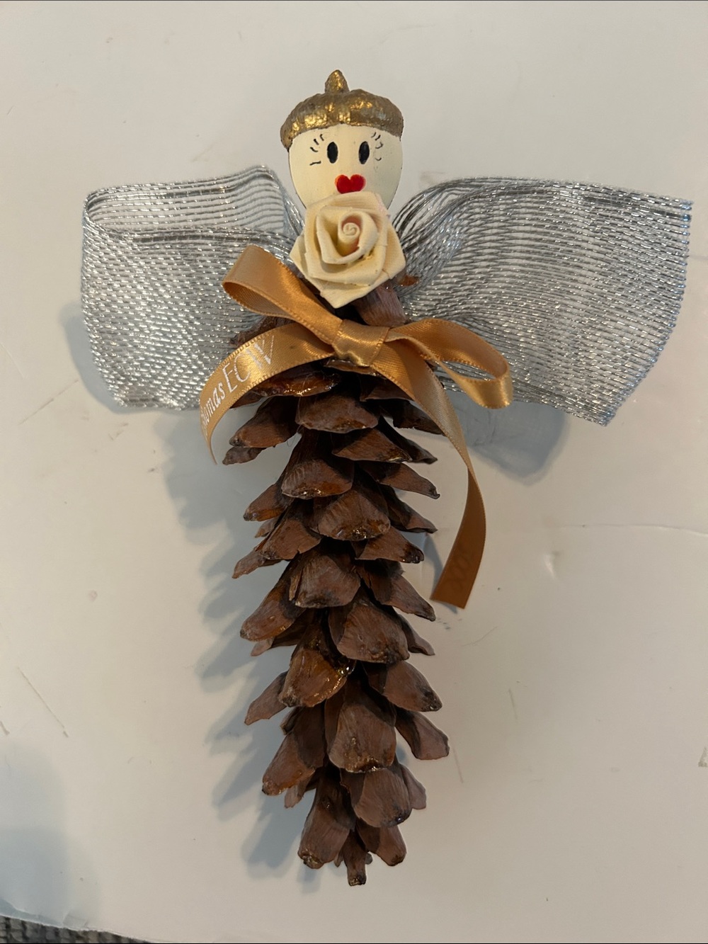 Handcrafted Pinecone Angel Ornament - Silver Bow, Brown Pinecone heart lips